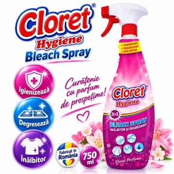 Solutie curatare baie Cloret Hygiene Bleach Spray, Înălbitor și Degresant cu Parfum Floral, Igienizează și Degresează, Fabricat în România, 750 ml