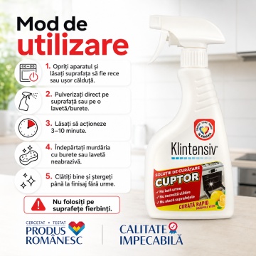 Soluție curățare cuptor Klintensiv, degresant profesional pentru grăsime arsă și depuneri carbonizate, pentru cuptoare, plite, tăvi, grătare și inox, 500 ml, 4x Stickere - Img 3