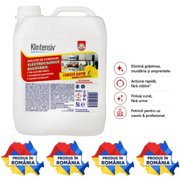 Soluție curățare electrocasnice Klintensiv, spray profesional pentru grăsime, pete și amprente, fără urme, pentru frigider, hotă, plită, cuptor, inox, crom, sticlă și plastic, 5 L, 4x Stickere