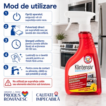 Soluție curățare electrocasnice Klintensiv, spray profesional pentru grăsime, pete și amprente, fără urme, pentru frigider, hotă, plită, cuptor, inox, crom, sticlă și plastic, 500 ml, 4x Stickere - Img 3