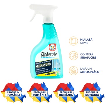 Soluție curățare geamuri Klintensiv, spray profesional pentru sticlă, oglinzi, vitrine și suprafețe lucioase, uscare rapidă, efect antistatic, fără urme, 500 ml, 4x Stickere