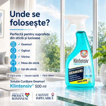 Soluție curățare geamuri Klintensiv, spray profesional pentru sticlă, oglinzi, vitrine și suprafețe lucioase, uscare rapidă, efect antistatic, fără urme, 500 ml, 4x Stickere - Img 3