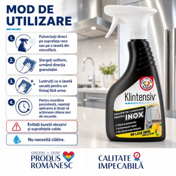 Soluție curățare inox Klintensiv, fără clătire, pentru inox lucios, mat și periat, îndepărtează grăsimea, murdăria și amprentele, finisaj fără urme, 500 ml, 4x Stickere - Img 3