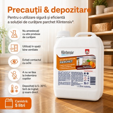 Soluție curățare parchet Klintensiv, detergent profesional concentrat pentru parchet lăcuit, protecție și strălucire naturală, fără clătire, diluție 1%, canistră, 5 L, 4x Stickere - Img 6