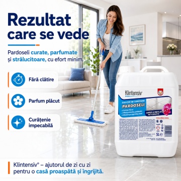 Soluție curățare pardoseli Klintensiv, detergent profesional concentrat, parfum persistent, fără clătire, pentru pardoseli lavabile, ceramică, piatră naturală, PVC și spații comerciale, 5 L, 4x Stickere - Img 6