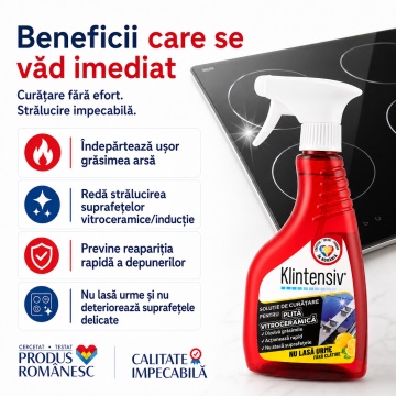 Soluție curățare plită vitroceramică Klintensiv, pentru plite cu inducție și sticlă ceramică, îndepărtează grăsimea arsă și petele persistente, finisaj fără urme, protecție împotriva depunerilor, 500 ml, 4x Stickere - Img 3