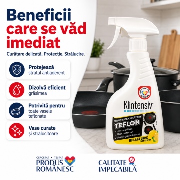 Soluție curățare teflon Klintensiv, pentru vase antiaderente, tigăi, cratițe și tăvi, curățare delicată fără zgâriere, îndepărtează grăsimea și resturile alimentare, 500 ml, 4x Stickere - Img 3