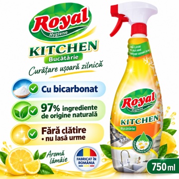 Solutie curatat Bucataria Royal Hygiene cu Bicarbonat, Soluție pentru Curățare Zilnică, Fără Clătire, Nu Lasă Urme, 97% Ingrediente de Origine Naturală, Aromă Lămâie, Fabricat în România, 750 ml