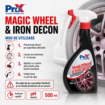 Soluție decontaminare jante și caroserie PRO X Magic Wheel & Iron Decon, fallout remover cu pH neutru, indicator activ roșu, pentru oxizi de fier și depuneri plăcuțe frână, 500 ml, 4x Stickere - Img 4