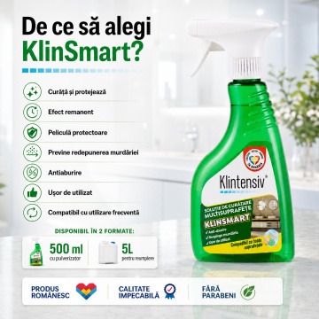 Soluție profesională de curățare Klintensiv KlinSmart, efect remanent, peliculă protectoare, anticalcar, degresant, antiaburire, baie și bucătărie, 500 ml, pulverizator, 4x Stickere - Img 4