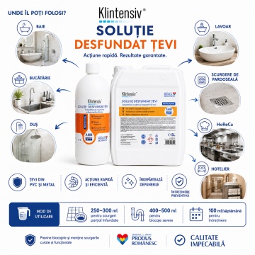 Soluție profesională pentru desfundarea țevilor Klintensiv, formulă concentrată acidă, pentru HoReCa, clădiri comerciale și rezidențiale, scurgeri, canalizări și sifoane, canistră 5 L, 4x Stickere - Img 6