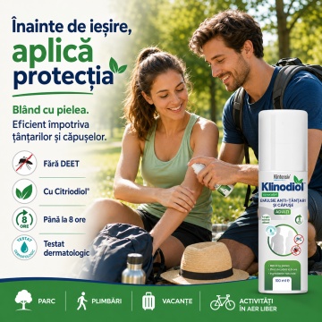 Spray repelent adulți Klinodiol, anti țânțari și căpușe, emulsie naturală fără DEET, cu Citriodiol 9,9%, protecție până la 8 ore, testat dermatologic, aviz biocid, 100 ml, 4x Stickere - Img 3