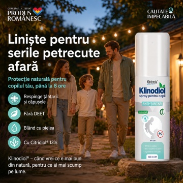Spray repelent copii Klinodiol, anti țânțari, fără DEET, cu Citridiol 13%, protecție până la 8 ore, pH neutru, testat dermatologic, biodegradabil, 100 ml, 4x Stickere - Img 5