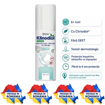 Spray repelent copii KlinodioL Kids, anti țânțari și căpușe, formulă naturală cu Citriodiol 5%, fără DEET, protecție până la 6 ore, pentru copii peste 6 luni, aviz biocid, 100 ml, 4x Stickere