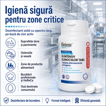 Tablete dezinfectante clor active Klintensiv Klinochlor Tabs, TP4, pentru suprafețe, pavimente, veselă și ustensile, spectru larg, bactericid, fungicid, virucid, 40 tablete, 4x Stickere - Img 3
