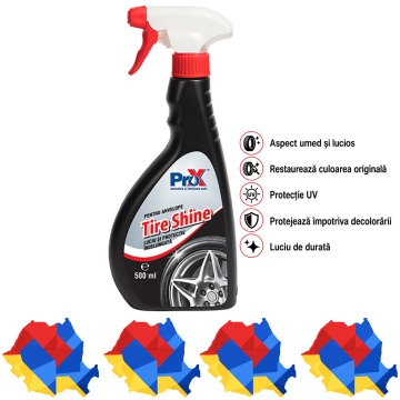 Tratament anvelope PRO X Tire Shine, dressing cu efect lucios și aspect umed, protecție UV, reîmprospătare culoare cauciuc, luciu și protecție îndelungată, 500 ml, 4x Stickere