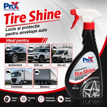 Tratament anvelope PRO X Tire Shine, dressing cu efect lucios și aspect umed, protecție UV, reîmprospătare culoare cauciuc, luciu și protecție îndelungată, 500 ml, 4x Stickere - Img 4
