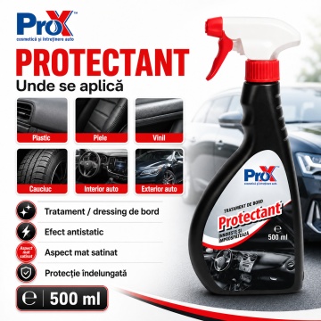 Tratament bord auto PRO X Protectant, dressing mat satinat pentru plastic, piele, vinil și cauciuc, efect antistatic, protecție și reîmprospătare suprafețe auto, 500 ml, 4x Stickere - Img 4