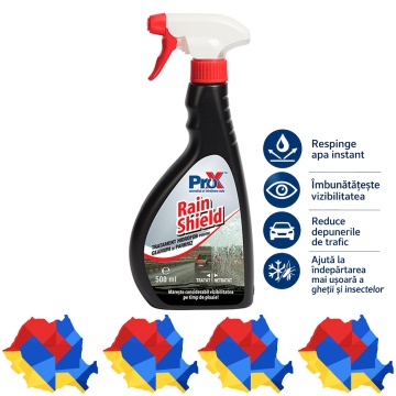 Tratament hidrofob parbriz PRO X Rain Shield, soluție anti-ploaie pentru exterior geamuri auto, parbriz, oglinzi, lunetă și faruri, efect repelent apă, vizibilitate îmbunătățită, 500 ml, 4x Stickere