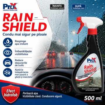 Tratament hidrofob parbriz PRO X Rain Shield, soluție anti-ploaie pentru exterior geamuri auto, parbriz, oglinzi, lunetă și faruri, efect repelent apă, vizibilitate îmbunătățită, 500 ml, 4x Stickere - Img 4