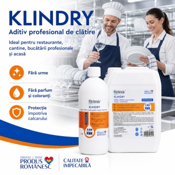 Aditiv profesional de clătire Klintensiv KLINDRY, pentru mașini automate de spălat vase, pahare, tacâmuri și veselă, anti-calcar, biodegradabil, fără parfum, canistră 5 L, 4x Stickere - Img 5