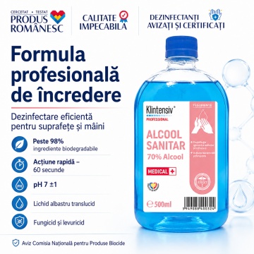 Alcool sanitar 70% Klintensiv Professional, dezinfectant pentru mâini și suprafețe, etanol 70%, acțiune rapidă, fără clătire, bactericid, levuricid și fungicid, aviz biocid, 500 ml, 4x Stickere - Img 6