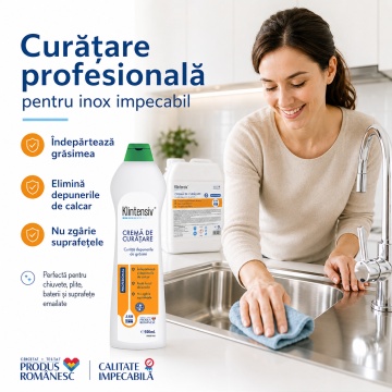 Cremă profesională de curățare Klintensiv, formulă concentrată pentru HoReCa și uz profesional, degresează, elimină calcarul, redă luciul suprafețelor, nu zgârie, canistră 5 L, 4x Stickere - Img 3