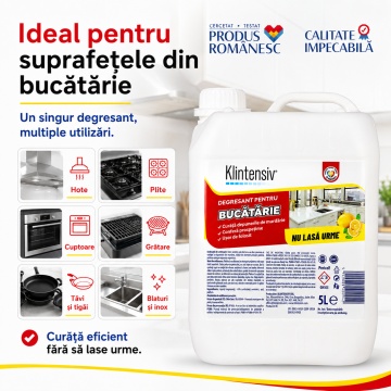 Degresant bucătărie Klintensiv, soluție profesională pentru grăsime arsă și murdărie persistentă, pentru hote, plite, cuptoare, grătare, tăvi, inox și suprafețe lavabile, 5 L, 4x Stickere - Img 5