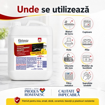 Degresant cu bicarbonat de sodiu Klintensiv, soluție profesională pentru grăsime arsă, pete și murdărie persistentă, fără parabeni, coloranți sau parfumuri artificiale, pentru bucătărie și suprafețe lavabile, 5 L, 4x Stickere - Img 5