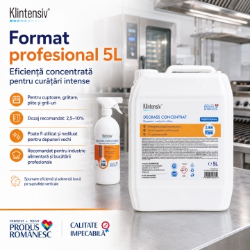 Degresant profesional Klintensiv DEGRASS, concentrat alcalin pentru cuptoare, grill-uri, plite, friteuze și echipamente HoReCa, utilizare manuală sau cu spumator, canistră 5 L, 4x Stickere - Img 5