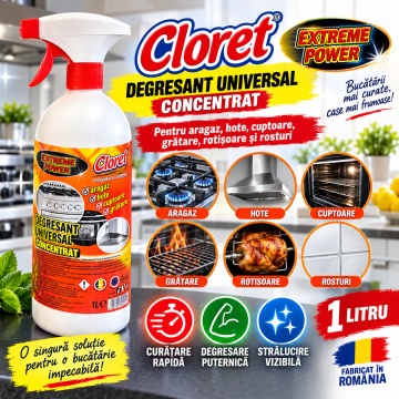 Degresant Universal Concentrat Cloret Extreme Power, pentru Aragaz, Hote, Cuptoare, Grătare, Rotisoare și Rosturi, Curățare Intensivă, Dizolva grasimea arsa, Fabricat în România, 1 L - Img 6