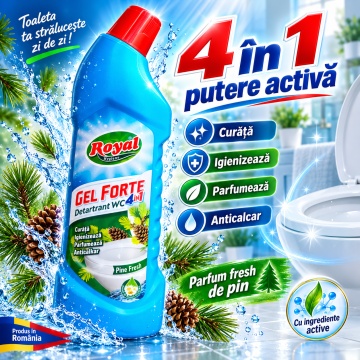Detartrant WC 4 în 1 Royal Hygiene Gel Forte Pine Fresh, Curăță, Igienizează, Parfumează și Îndepărtează Calcarul, cu Extract Natural de Mușețel, Fabricat în România, 750 ml - Img 6