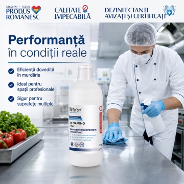 Detergent dezinfectant concentrat DEZIAMINO, TP4, pentru industria alimentară și HoReCa, bactericid, fungicid, levuricid și virucid, biodegradabil peste 90%, 1 L, 4x Stickere - Img 6