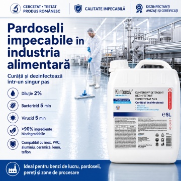 Detergent dezinfectant concentrat Klintensiv Plus, pentru HoReCa, bucătării industriale, depozite și producție alimentară, biodegradabil peste 90%, canistră 5 L, 4x Stickere - Img 3