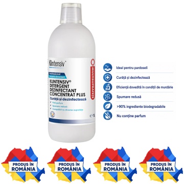 Detergent dezinfectant concentrat Klintensiv Plus, pentru industria alimentară, soluție 2%, bactericid, levuricid și virucid în 5 minute, fără parfum, 1 L, 4x Stickere