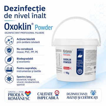 Detergent dezinfectant de nivel înalt Oxoklin Powder Klintensiv, pulbere profesională, bactericid, levuricid, fungicid, virucid, micobactericid și sporicid, pentru suprafețe, instrumentar și textile, 1 kg, 4x Stickere - Img 6