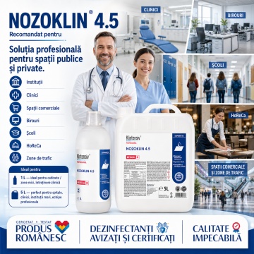 Detergent dezinfectant profesional pentru suprafețe și pavimente Nozoklin 4.5 Klintensiv, soluție 5%, pentru instituții, clinici, birouri, școli, HoReCa și spații comerciale, canistră 5 L, 4x Stickere - Img 5