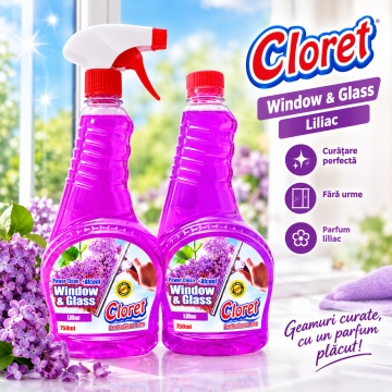 Detergent geamuri Cloret Window & Glass, Pulverizator + Rezerva, Soluție Profesională pentru Geamuri și Sticlă, Power Clean + Alcool, Fabricat în România, Liliac, 2x 750 ml - Img 6