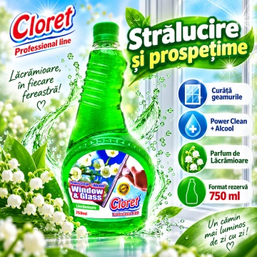 Detergent geamuri Cloret Window & Glass, Rezerva, Soluție Profesională pentru Geamuri și Sticlă, Power Clean + Alcool, Fabricat în România, Lacramioara, 750 ml - Img 6