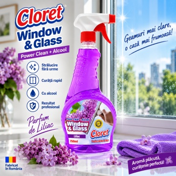 Detergent geamuri Cloret Window & Glass, Soluție Profesională pentru Geamuri și Sticlă, Power Clean + Alcool, Fabricat în România, Liliac, 750 ml