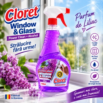 Detergent geamuri Cloret Window & Glass, Soluție Profesională pentru Geamuri și Sticlă, Power Clean + Alcool, Fabricat în România, Liliac, 750 ml - Img 6