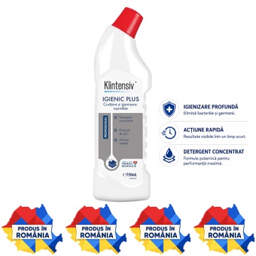 Detergent igienizant profesional Klintensiv Igienic Plus, cu hipoclorit de sodiu, gel pentru suprafețe dure, gresie, faianță, ceramică, inox și grupuri sanitare, fără parfum, 750 ml, 4x Stickere