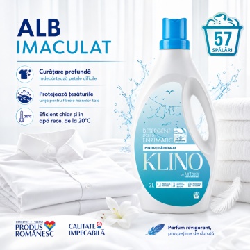 Detergent lichid enzimatic pentru rufe albe KLINO Klintensiv, eficient de la 20°C, fabricat in Romania, parfum revigorant, prospețime de durată, 57 spalari, 2 L, 4x Stickere - Img 2