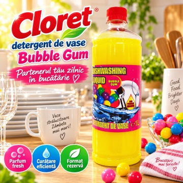 Detergent Lichid pentru Vase Cloret Dishwashing Liquid Citrus, Ideal pentru reumplere, Degresare și Curățare Eficientă, Aromă Bubble Gum, 1 L - Img 6