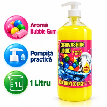 Detergent Lichid pentru Vase Cloret Dishwashing Liquid Citrus, Degresare și Curățare Eficientă, Aromă Bubble Gum, 1 L