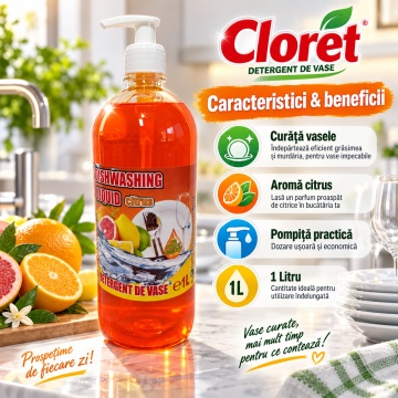 Detergent Lichid pentru Vase Cloret Dishwashing Liquid Citrus, Degresare și Curățare Eficientă, Aromă Citrice, 1 L - Img 6