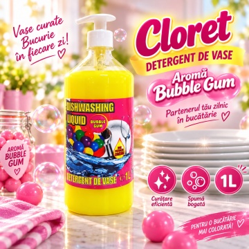 Detergent Lichid pentru Vase Cloret Dishwashing Liquid Citrus, Degresare și Curățare Eficientă, Aromă Bubble Gum, 1 L - Img 6