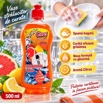 Detergent Lichid pentru Vase Cloret Dishwashing Liquid Citrus, Degresare și Curățare Eficientă, Aromă Citrice, 500 ml - Img 6