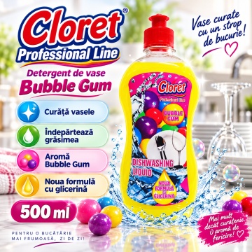 Detergent Lichid pentru Vase Cloret Dishwashing Liquid Citrus, Degresare și Curățare Eficientă, Aromă Bubble Gum, 500 ml - Img 6