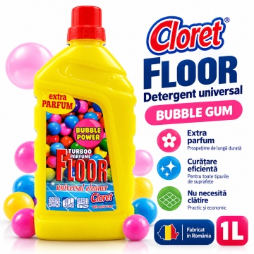 Detergent Pardoseli Cloret Bubble Gum, Curățare Zilnică, Fără Clătire, pentru Mop și Lavetă, Parfum Dulce și Original, Fabricat în România, 1 L